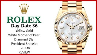 Rolex Day Date 36 President Yellow Gold White Mother of Pearl Diamond Dial 128238  REVIEW [upl. by Hugh]