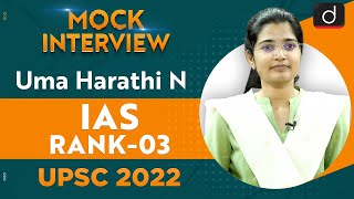 Uma Harathi N Rank03  UPSC CSE 2022  English Medium  Mock Interview  Drishti IAS English [upl. by Esorbma]