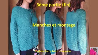 3 Tuto Tricot Cardigan Top Down Femme à empiècement arrondi au point Mousse création [upl. by Adnilemre]