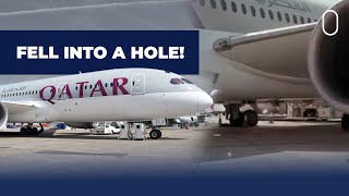 Qatar Airways Boeing 787 Falls Into Drain Hole Engine Damaged [upl. by Ilarin380]