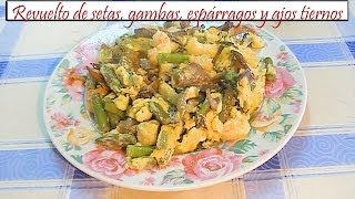 Revuelto de setas gambas espárragos trigueros y ajos tiernos  Receta de Cocina en Familia [upl. by Annaoj865]