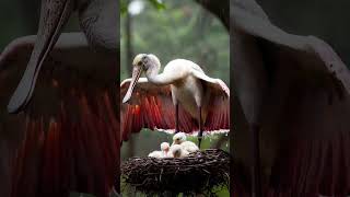 Mother Spoonbill Bird Sheltering Her Chicks from the Rain mother birds parrot [upl. by Young]