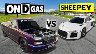 Drag Race TITANS Duke it out ONDGAS 1500hp Twin Turbo Silverado vs SheepeyRaces 1200hp R8 [upl. by Schulein]