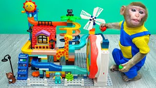 KiKi Monkey build a Satisfying Building Blocks Coaster and Marble Run ASMR  KUDO ANIMAL KIKI [upl. by Jamaal]