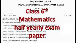 CLASS 6TH MATH HALF YEARLY EXAM QUES PAPER  TERM 1 SESSION 202425 PM SHRI KENDRIYA VIDYALAYA [upl. by Eelidnarb]