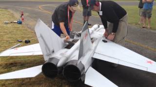 Worlds Largest Mig 25 RC Scale Twin Turbine Jet Powered model airplane Starting Up [upl. by Nekal]