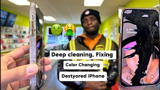 Deep cleaning  Fixing and Color Changing Destroyed Brand New iPhone 😱 [upl. by Naelopan]