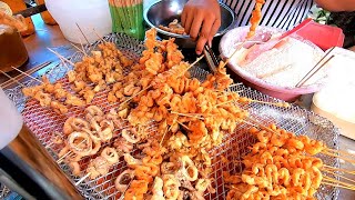 Filipino Street Food  Calamares Fried Chicken Skin and Intestine Isaw [upl. by Zobias]