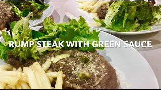 RUMP STEAK WITH CREAMY GREEN SAUCE with fries and green salad [upl. by Aicnelav610]