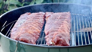 How to smoke BBQ ribs with the Slow N Sear and kettle  baby back or spareribs [upl. by Annoek83]