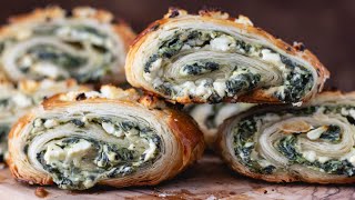 Spinach and Feta Cheese Puff Pastry Rolls  Easy Appetizer Recipe [upl. by Lawry]