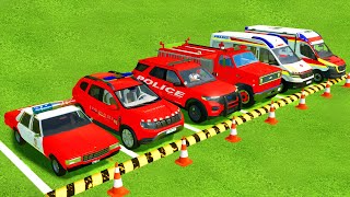 TRANSPORTING ALL RED POLICE CARS amp AMBULANCE EMERGENCY WITH MAN TRUCKS  Farming Simulator 22 [upl. by Eberhard]