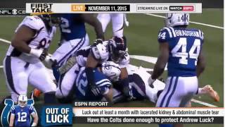 First Take EPSN Andrew Luck Out 6 Weeks with Lacerated Kidney wwwMangaUpNet [upl. by Imehon]