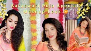 Saraswati Puja Special Makeup ♥️ Easy Makeup Look For Saraswati Puja ♥️ Simple Ethnic Saree Look [upl. by Chappelka]