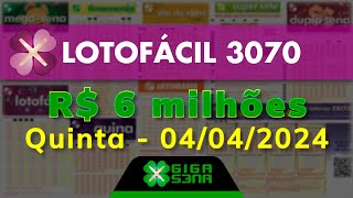 Resultado da Lotofácil 3070 Quintafeira 04042024  GIGASENA [upl. by Aziul890]