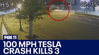 Tesla blows through red light at 100 mph crash kills 3 [upl. by Starlin]