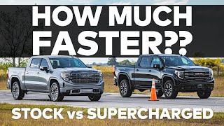 Supercharged GMC Sierra AT4 vs Stock  Drag Race Comparison  GOLIATH 650 by HENNESSEY [upl. by Acirdna]