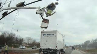 Truck crash sends worker flying out of construction bucket [upl. by Ranzini]