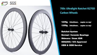 700c Ultralight Ratchet R270D Carbon Wheelset Disc Brake Wheels 1235g [upl. by Ravert]