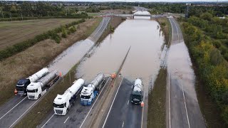 Flooded A421 between the M1 and A1 in Bedfordshire after storms batter UK [upl. by Yecam]