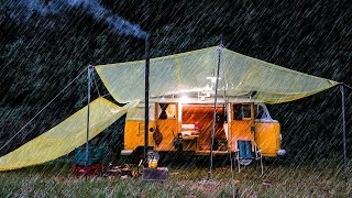 Camping In Heavy Rain With The Classic VW Van  Van Camping in a Rainstorm [upl. by Rebmyt]