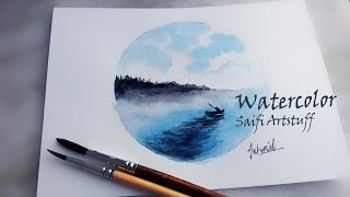 Watercolor Circle Landscape of ocean by using blue and black  By Saifi Artstuff [upl. by Naresh]