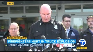 Officials speak on 7 LAFD firefighters injured 2 critically in Wilmington explosion [upl. by Ybsorc547]