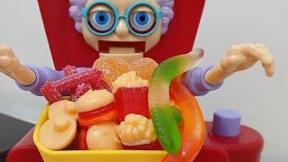 ASMR🏄FILLING COLA PIZZA FRIES BURGER ORANGE SOUR GUMMY IN GRANNYS PLATE [upl. by Lounge]