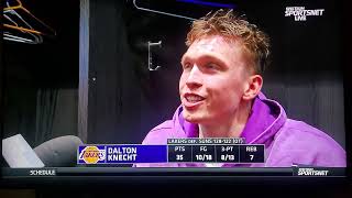 Dalton Knecht locker room interview and highlights after Lakers defeat Suns 128122 in overtime [upl. by Enelec]