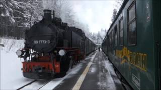 Fichtelbergbahn Romantische WinterDampfzugfahrt durch dicken Schneefall 18 April  2017 [upl. by Azeria]