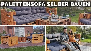 Palettensofa selber bauen  Paletten Lounge mit schräger Lehne amp Ablageflächen mit Palettenkissen [upl. by Auberon]