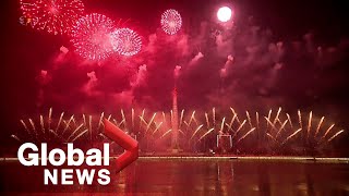 New Years 2022 North Korea celebrates with fireworks display in Pyongyang [upl. by Aelanej327]