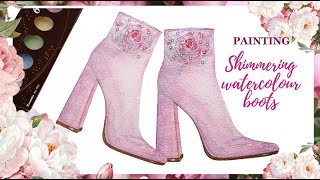 Painting translucent pink boots with shimmering watercolours painting tutorial [upl. by Donough]