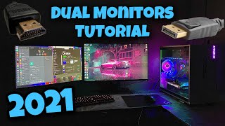 How To Connect 2 Monitors To One PC  DUAL MONITORS TUTORIAL 2021 [upl. by Artemed78]