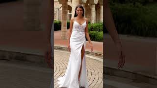 Glamlora Splendiferous SheathColumn Charmeuse Lace VNeck Court Train Wedding Dresses GLY24W0118 [upl. by Airdnaz]