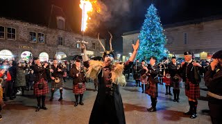 Drums and fire in the streets of Inverness for Hogmanay 202324 parade to Red Hot Highland Fling [upl. by Leirol]