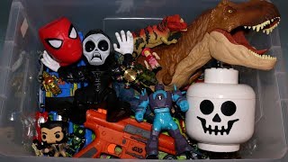 Box of Toys Action Figures Cars Dinosaurs Roblox and More [upl. by Aynnat814]