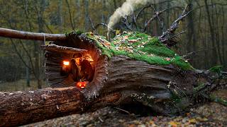 Building a Warm and Cozy Hollow for Survival in the root of a fallen spruce Secret cave Bushcraft [upl. by Boardman]