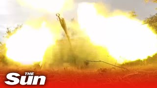 Russian artillery crew repeatedly fires D30 howitzer near Krasnolimansky [upl. by Renrag257]