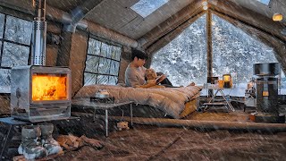 Camping in Heavy Snow with My Dog  2Room Inflatable Tent  Wood Stove ASMR [upl. by Auburta475]