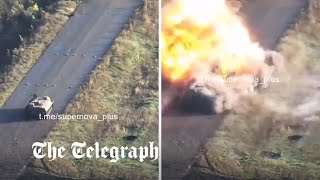 Russian soldier cluelessly ploughs armoured vehicle into clearly visible landmines [upl. by Felt]