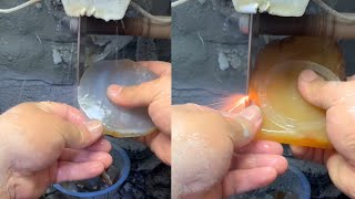 The sparks coming from the beautiful yellow jade are amazingcuttingskills cuttingstone polishing [upl. by Pollard19]