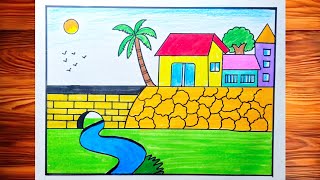 How to draw easy scenery drawing beautiful Landscape Village  Sunrise drawing  Village drawing [upl. by Ddot]