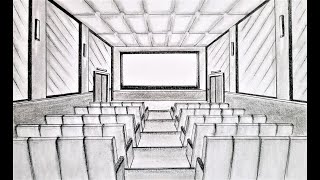 How to draw a movie theater in one point perspective timelaps [upl. by Merv]