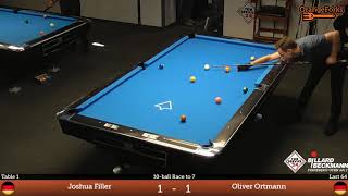 Joshua Filler GER v Oliver Ortmann GER  Last 64  TOR SERVICE 24  BILLARD BECKMANN Open 2017 [upl. by Dettmer]