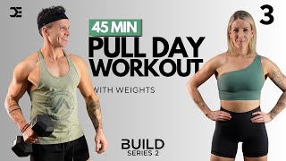 Day 3  45 Min BACK BICEPS amp REAR DELTS WORKOUT with DUMBBELLS  BUILD Series 2 [upl. by Eihctir]