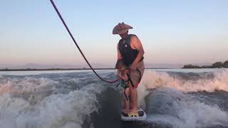 4yearold girl tries wake surfing with dad for the first time Kowabunga dude [upl. by Gerk]