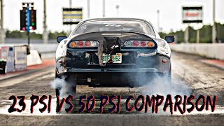 Toyota Supra Drag Racing 23psi vs 50psi Comparison [upl. by Shifra]