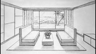 How to draw a living room in one point perspective for beginners [upl. by Waite]