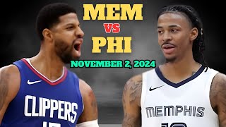 Philadelphia 76ers vs Memphis Grizzlies Full Game Highlights  November 2 2024 NBA Season [upl. by Carr]